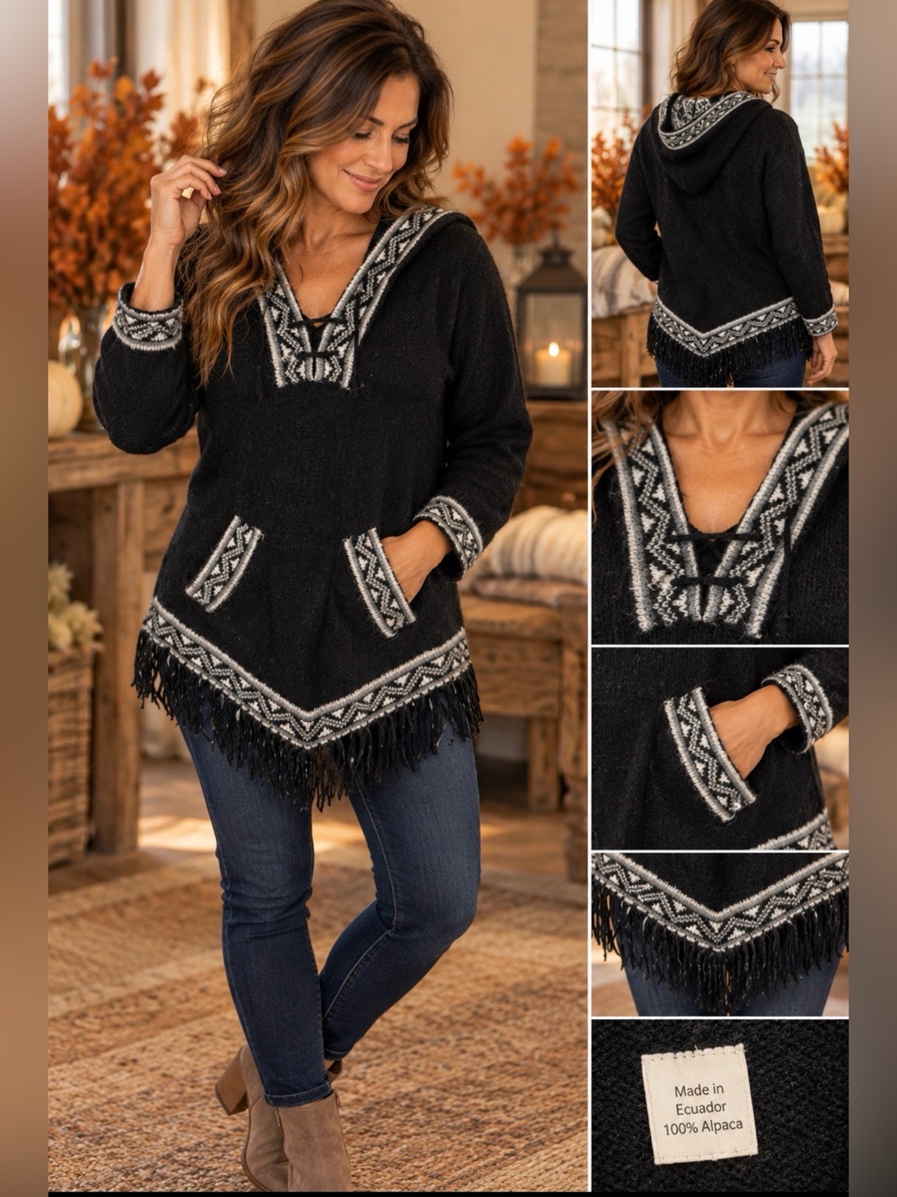 Alpaca Hooded Fringe Sweater - Black with Ivory Trim